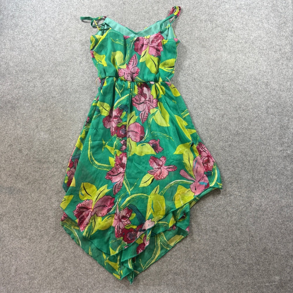 As U Wish Womens Floral Handkerchief Dress Small Green Pink Chiffon Snags